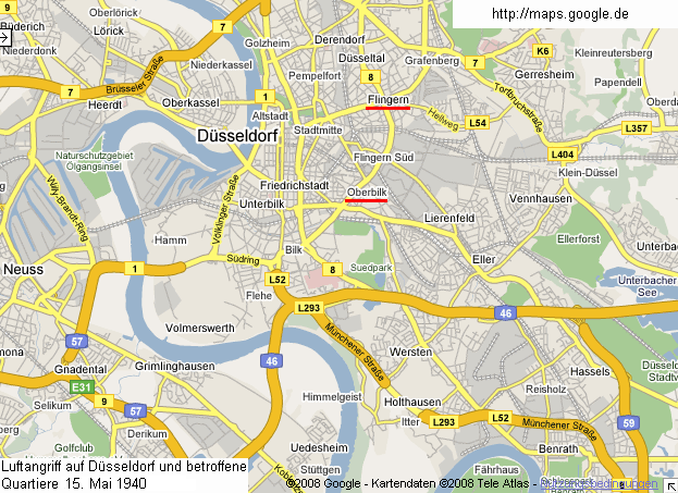 Karte mit Düsseldorf und den
              betroffenen Stadtteilen vom Luftangriff vom 15. Mai 1940
