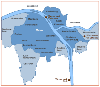 Mainz, mit den rechtsrheinischen
              Teilen (Karte der Wasserversorgung von 2008 ca.)