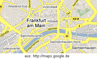 Stadtplan von Frankfurt am Main mit der
                      Innenstadt, dem Zoo, der von der Innenstadt nicht
                      weit entfernt ist, und Sachsenhausen