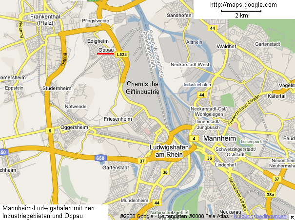 Karte mit
                Mannheim, Ludwigshafen und Oppau, der Standort des
                Hydrierwerks zur Herstellung von Flugbenzin (Kerosin)