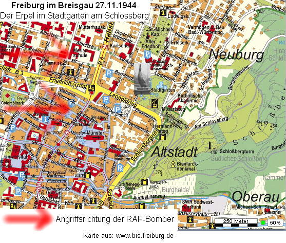 Karte von Freiburg im Breisgau mit
              dem Münster, dem Stadtgarten, dem Erpeldenkmal und dem
              Schlossberg