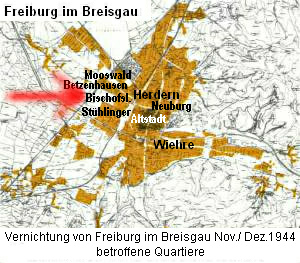 Karte von Freiburg im Breisgau mit
              der Einzeichnung des Luftangriffs und den betroffenen
              Quartieren, 27. November 1944