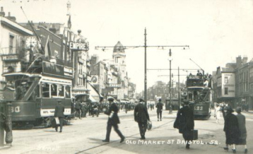 Bristol, Alte Marktstrasse ("Old
                        Market Street") mit Trams und
                        Empire-Reklame, 1910 ca. [17]