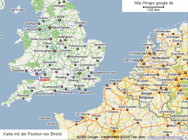 Karte mit Bristol als Endstation der
              Linie Rotterdam-London-Bristol. Von der Küste Frankreichs
              aus sind es ca. 300 km bis Bristol.