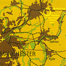 NS-Fliegerkarte von
                      Manchester mit dem eingezeichneten
                      Kriegsgefangenenlager bei Oldham