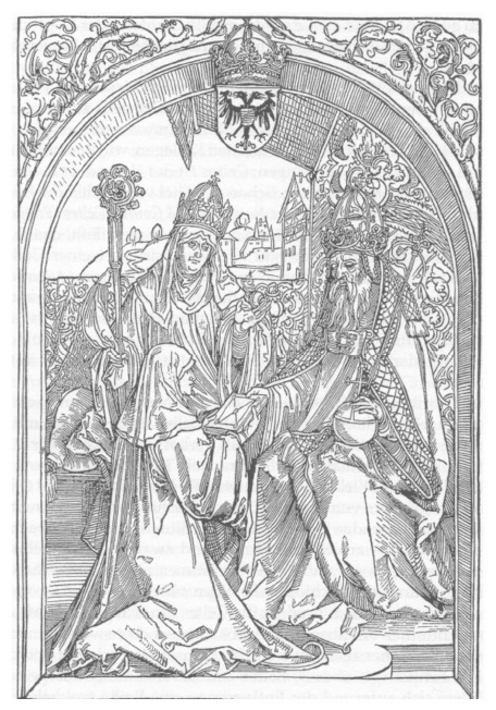 Fantasie-Roswitha übergibt Fantasie-Werke an
Fantasie-Könige - Holzschnitt von Dürer Fantasie-Roswitha übergibt Fantasie-Werke an
Fantasie-Könige - Holzschnitt von Dürer
