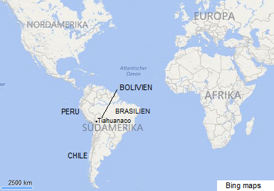 Karte mit Europa, Afrika und
                        "Amerika" mit Tiahuanaco im heutigen
                        Bolivien