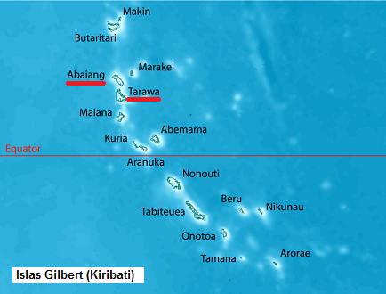 Mapa de las islas Gilbert con el
              atoln Tarawa y el atoln vecino Abaiang