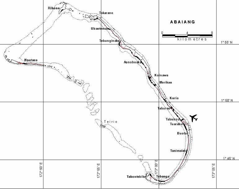 El atoln de Abaiang
                      en Kiribati con sus muchas islas, mapa