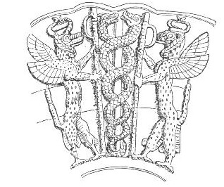 Palo con
                          serpientes (helix de ADN) con dioses aladas en
                          jarrones de los sumerios del tiempo de Gudea
                          de Lagash