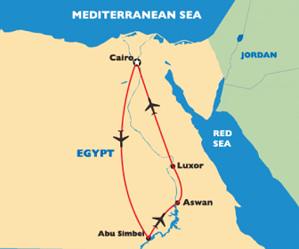 Mapa de Egipto con el
                      lago Asun y con Abu Simbel, el lugar del templo
                      de Ramses II