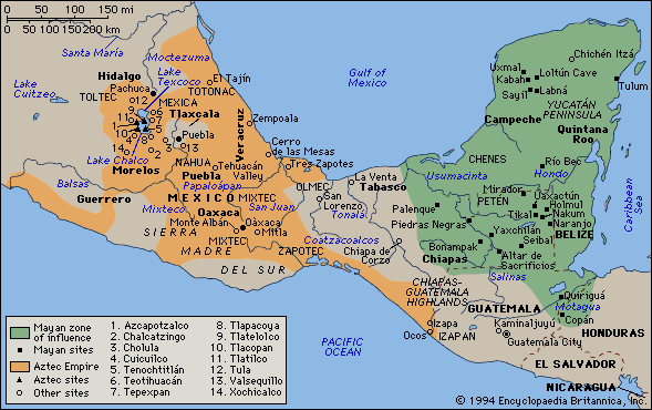 Mapa con los Mayas
                          en la pennsula de Yucatn (verde) y los
                          aztecas en la meseta de Mxico (rojo)