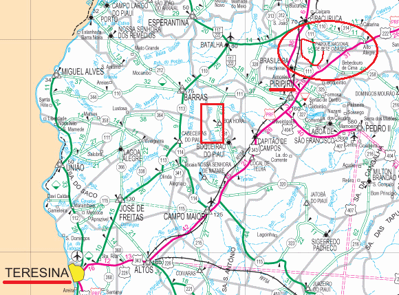 Mapa con Teresina, Piripiri, el ro Longa
                          y el Parque Nacional de Siete Ciudades