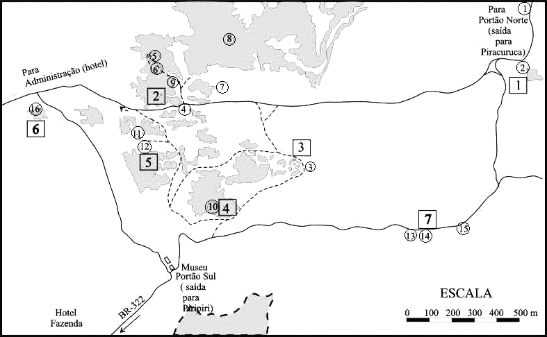 Mapa del Parque Nacional de Siete
                            Ciudades con las entradas y con las
                            posiciones de las ciudades 02