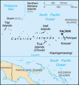 Mapa de las islas Carolinas con
                Ponape, llamado desde 1990 como Pohnpei