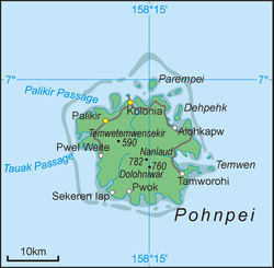 Mapa con la isla
                          de Ponape / Pohnpei con Temuen / Temwen / Nan
                          Madol