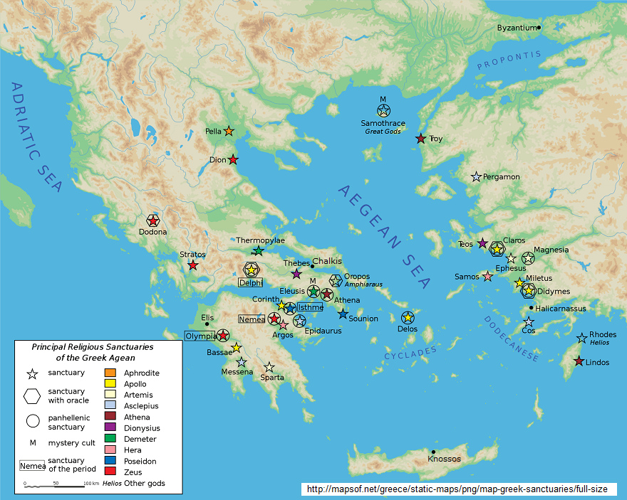 Mapa de Grecia con los santuarios