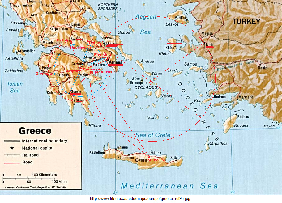 Grecia,
                    mapa grande con los crculos entre los santuarios