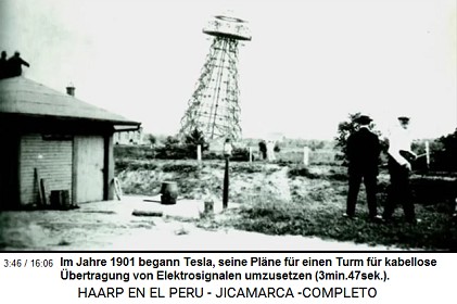 Im Jahre 1901 begann Tesla, seine Pläne
                          für einen Turm für kabellose Übertragung von
                          Elektrosignalen umzusetzen (3min.47sek.).
