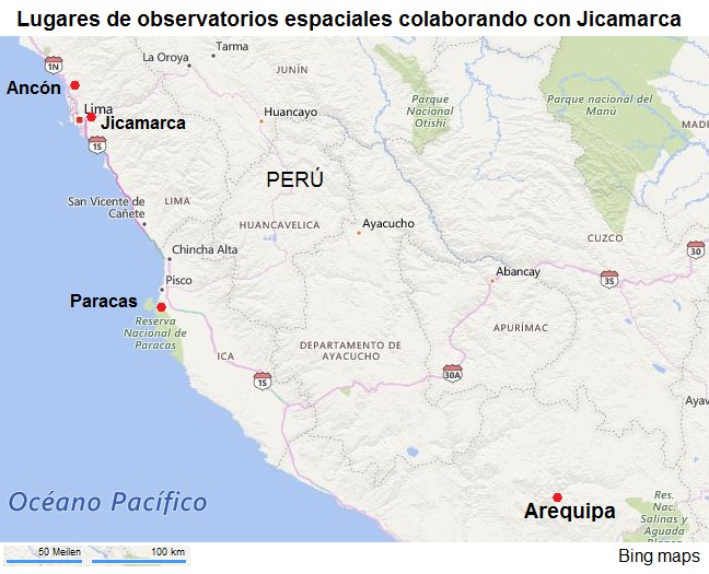 Ortschaften
                        mit Weltraum-Observatorien, die mit Jicamarca
                        zusammenarbeiten Karte 2 mit Jicamarca, Ancón,
                        Parácas und Arequipa