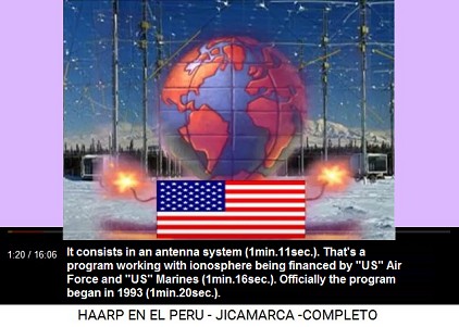 It consists in an antenna system
                          (1min.11sec.). This is a program manipulating
                          the ionosphere, being financed by the
                          "U.S." Air Force and the
                          "U.S." Marine (1min.16sec.).
                          Officially the program began in 1993
                          (1min.20sec.).