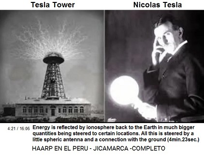 Tesla Tower and Nicolas Tesla: the
                          reflected energy comes back to the ground with
                          much more energy, and this energy should be
                          steerable to certain points, being steered of
                          a little sphere antenna and a connection to
                          the ground (4min.23sec.).