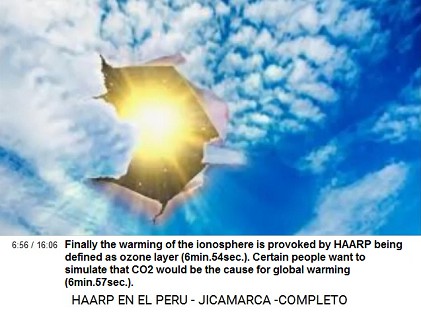 CO2 fraud and ozone layer Finally the
                          warming of the ionosphere is provoked by HAARP
                          being defined as ozone layer (6min.54sec.).
                          Certain people want to simulate that CO2 would
                          be the cause for global warming
                          (6min.57sec.).