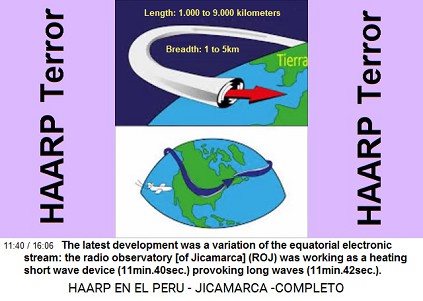 The latest development was a variation of
                          the equatorial electronic stream: the radio
                          observatory [of Jicamarca] (ROJ) was working
                          as a heating short wave device (11min.40sec.)
                          provoking long waves (11min.42sec.).