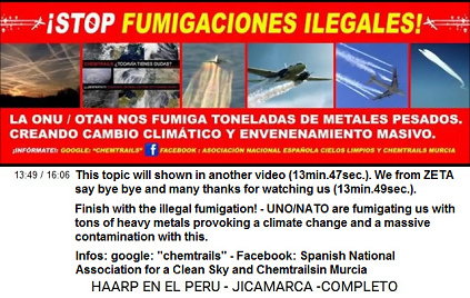 Finish with the illegal fumigation!
                          UNO/NATO are fumigating us with tons of heavy
                          metals provoking a climate change and a
                          massive contamination with this.