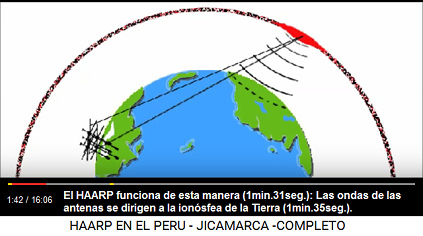 El HAARP funciona de esta manera
                          (1min.31seg.): Las ondas de las antenas se
                          dirigen a la ionosfera de la Tierra
                          (1min.35seg.).