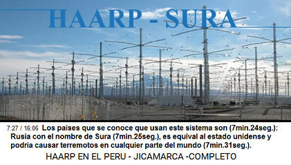 Los pases que se conoce que usan este
                          sistema son (7min.24seg.): Rusia con el nombre
                          de Sura (7min.25seg.), es equival al estado
                          unidense y podra causar terremotos en
                          cualquier parte del mundo (7min.31seg.).