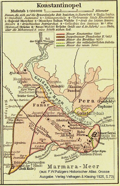 Burgmauern und Stadtmauern von
                        Konstantinopel auf einem Kap. Plan