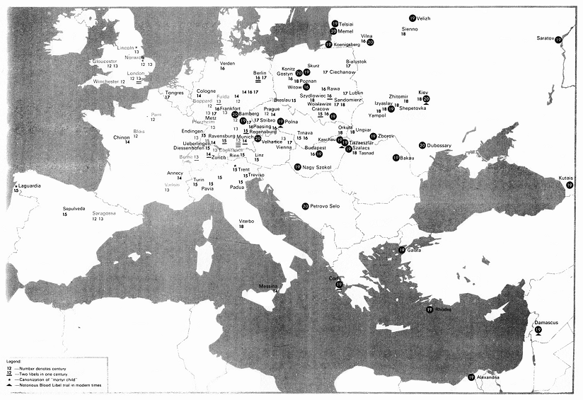 Blood libels in Europe, map