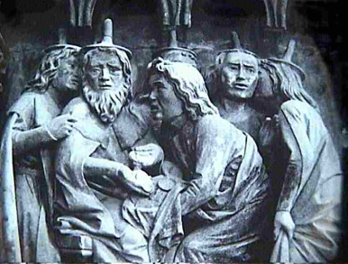 German Jewish hats
                        on the Naumburger Lettner in the Naumburg
                        cathedral, 13th century