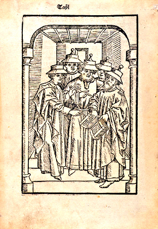 Jewish hats in a woodcut of Johannes
                          Schnitzer of Armsheim: Five Jewish elders
                          disputing, from the book: Seelen Wurzgarten,
                          printed by Conrad Dinckmut, Ulm, 26 July 1483