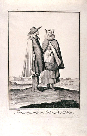 German Jewish clothing of Jewish couple
                          of Frankfurt, etched by Caspar Luyken, from
                          the book: Neu-erffnete Welt-Galleria from
                          Abraham a Sancta Clara; printed in Nuremberg
                          by Christoph Weigel in 1703