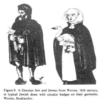 Encyclopaedia Judaica: Badge, vol.4, col.
                        68, Jewish clothes with Jewish ring badges