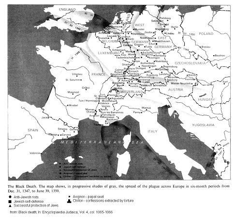 Map 03: Spreading of the black plague
                              and pogroms against the Jews in Europe
                              1348-1350