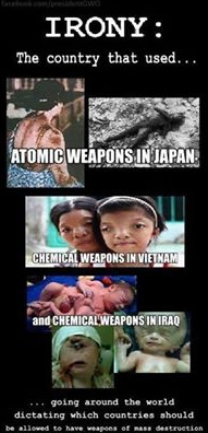 Series of photos
                              showing NATO victims of atomic bombs in
                              Japan 1945, Agent Orange in Vietnam
                              1964-1975, and uranium ammunition (small
                              uranium bombs, small atomic bombs) in
                              Iraq, December 20, 2014
