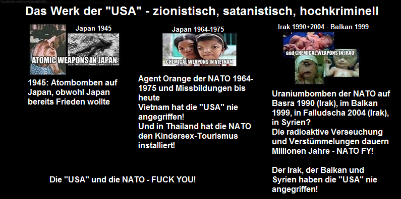 The victims of the
                                "USA" with atomic bombs in
                                Japan in 1945, victims of NATO 1964-1975
                                by Agent Orange in Vietnam, and using
                                uranium bombs in Iraq, horizontal
                                format, December 20, 2014