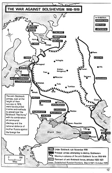 Sowjetunion SU 1918-1919: Der Bolschewismus ist
                  eingekreist, Karte