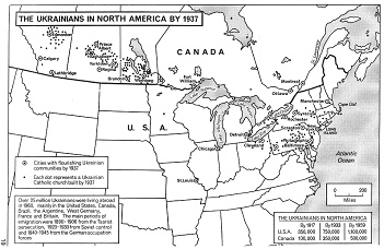 Ukraine 1937: Ukrainer in
                  Nord-"Amerika", "USA" und Kanada,
                  Karte