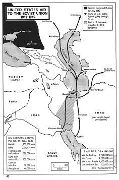 Sowjetunion SU 1941-1945: Alliierte Hilfe über
                  Iran, Karte