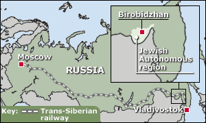 Karte von
                          Birobidschan mit der Position an der
                          Transsibirischen Eisenbahnlinie