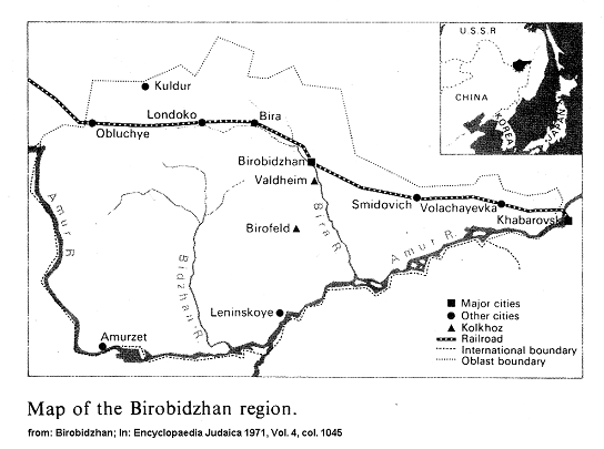 Map of Birobidzhan province with
                              towns, rivers and kolkhozes with the
                              Trans-Siberian Railway