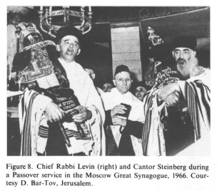 Encyclopaedia Judaica (1971): Moscow, vol. 12,
                  col. 367. Chief Rabbi Levin (right) and Cantor
                  Steinberg during a Passover service in the Moscow
                  Great Synagogue, 1966. Courtesy D. Bar-Tov,
                  Jerusalem.