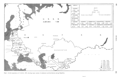 Encyclopaedia Judaica (1971): Russia:
                            Jews in "Soviet Union", vol.14,
                            col. 485-486, map of 1959