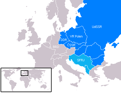 Karte des Ostblocks mit den sowjetisch
                          besetzten Staaten Osteuropas [6]: DDR, Polen,
                          CSSR, Jugoslawien, Ungarn, Rumänien,
                          Bulgarien, und Albanien.