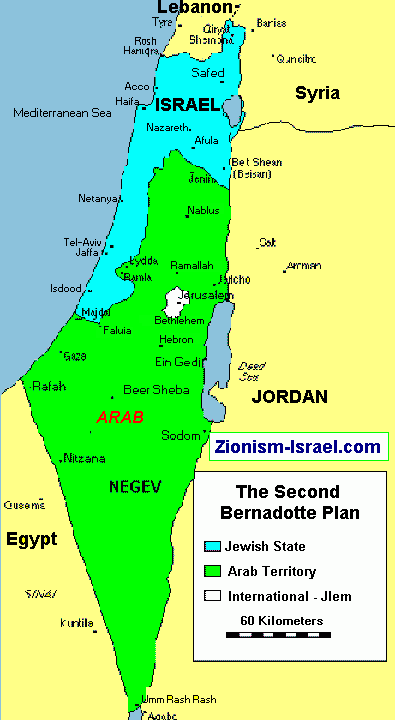 Die Karte von Bernadotte zur
                Grndung eines Staates Israel mit einem vergrsserten
                Jordanien ohne Palstinenserstaat-1948