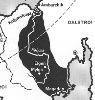 Die Zone der Gulag-Arbeitslager in
                              der Region Kolyma, Karte